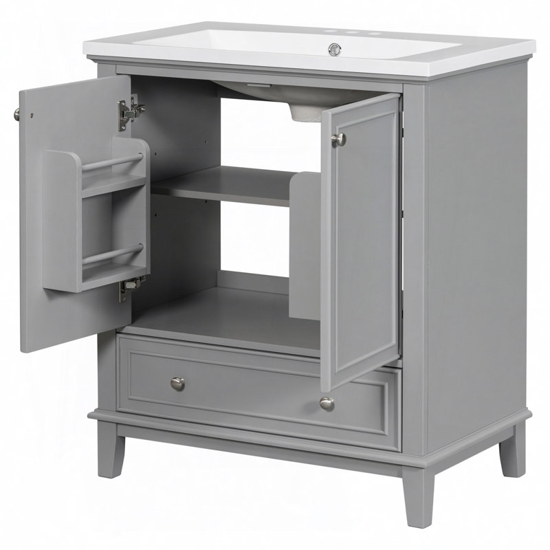 Bathroom Vanity With Sink Combo, Multi-Functional Bathroom Cabinet With Doors And Drawer, Solid Frame And MDF Board, Grey