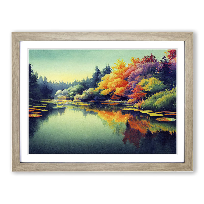Colourful Watercolour Pond - Single Picture Frame Print, 34cm H x 46cm W x 2cm D, Oak Framed