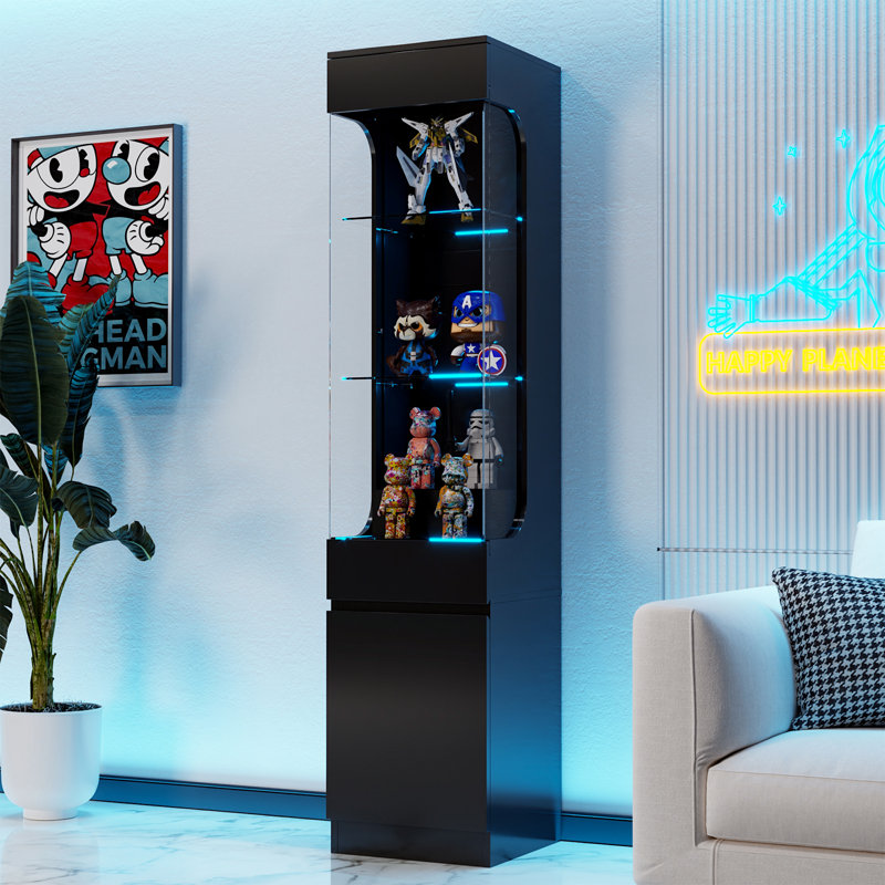 Vitrine en verre, vitrine à 3 niveaux avec 7 lumières DEL colorées, vitrine 70,87 po avec une tablette de rangement pour objets de collection, trophée, livres, noir