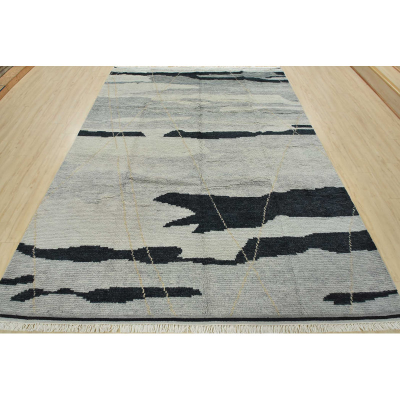 Tapis gris en laine noué à la main de conception unique 8 pi 1 po x 10 pi 6 po Jonavin