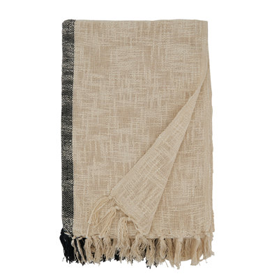 Jeté rayé en coton beige avec pampille l 50 po x L 60 po