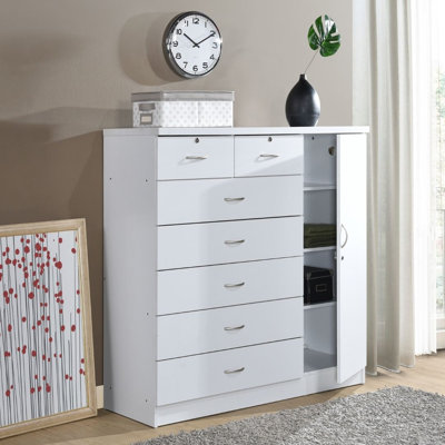 Commode à 7 tiroirs avec commode en bois de 47 pouces de large avec 2 tiroirs verrouillables, 1 porte verrouillable, 3 tablettes et tringle à vêtements pour le rangement de la chambre à coucher