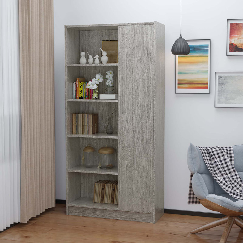 Bibliothèque à cadre en bois avec 5 tablettes ouvertes et 1 porte
