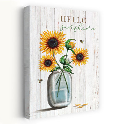 «Hello Sunshine Sunflowers - Modern Farmhouse Sunflowers In Mason Jar Bees», art de fond rustique
