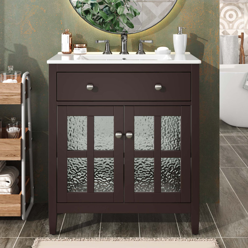 Meuble-lavabo de 30 po avec lavabo en céramique, tablette réglable et plateau basculant, Marron foncé