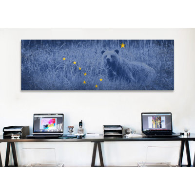 « alaska flag, grizzly bear grunge panoramique », impression sur toile