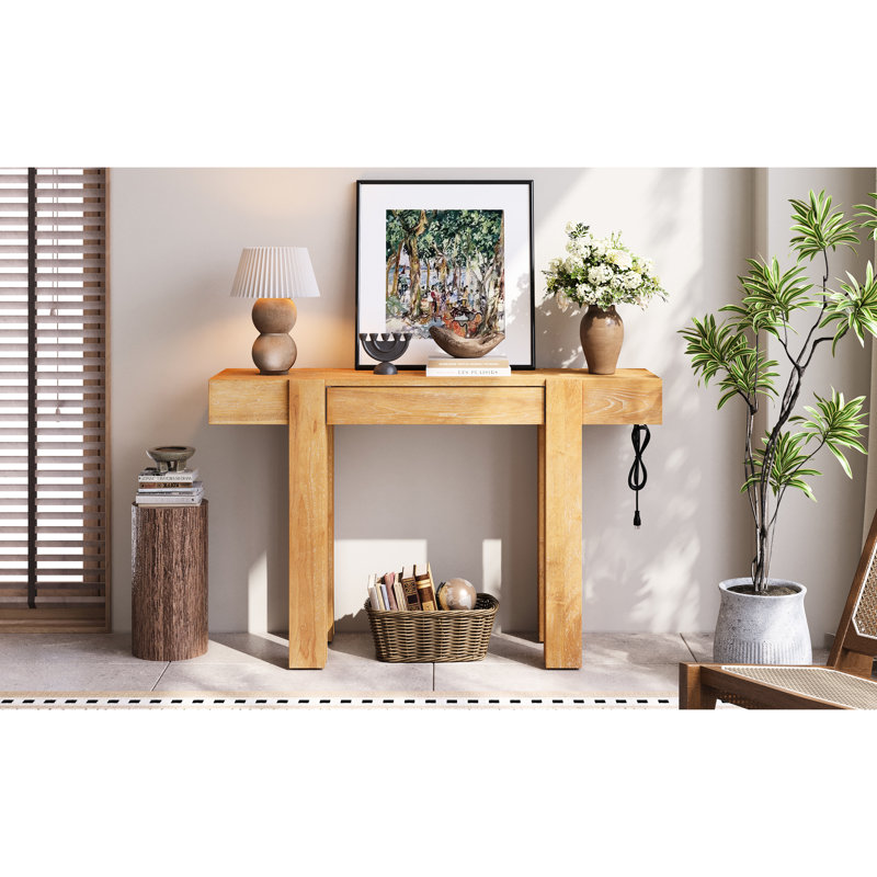 Table rustique naturelle pour les entrées, les salons et les bureaux à domicile, avec rangement caché pour prise de courant, hauteur intérieure de tiroir de 2,2 po, assemblage de 30 minutes - ports de chargement latéraux de la console minimalistes, avec
