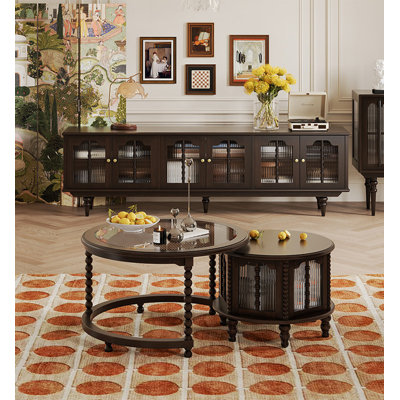 Dark Wood 6-Door TV Stand with Arched Fluted Glass Doors