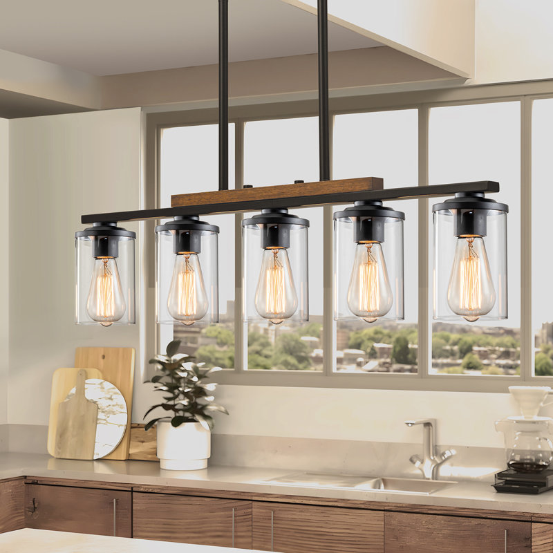 Linear Black Wooden Kitchen Island Pendant Light, 5