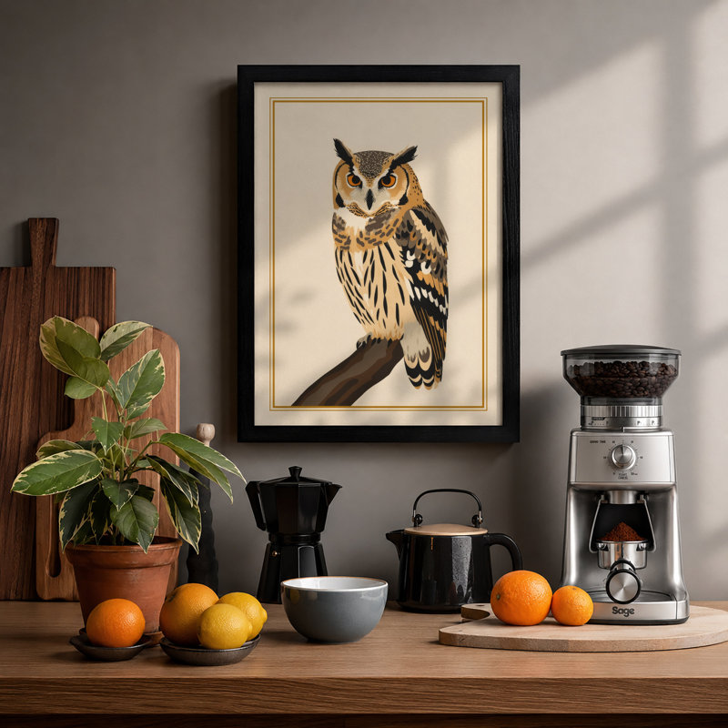 Eagle Owl Study Botanical - Framed Print, A4 - 29.7 x 21.0 cm, Black