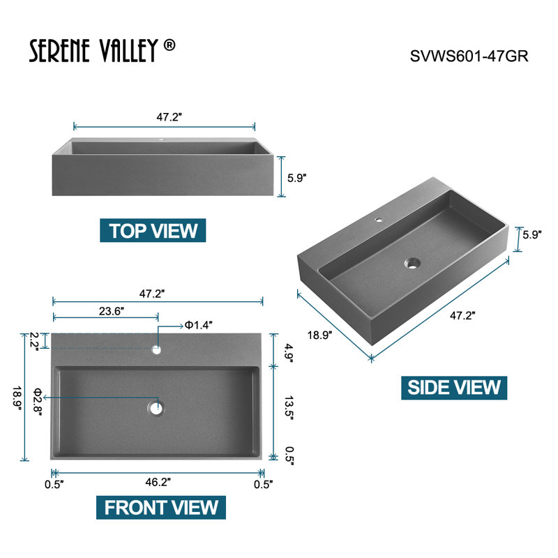Lavabo de salle de bain mural ou sur comptoir 47 po avec trou de robinet simple, Gris