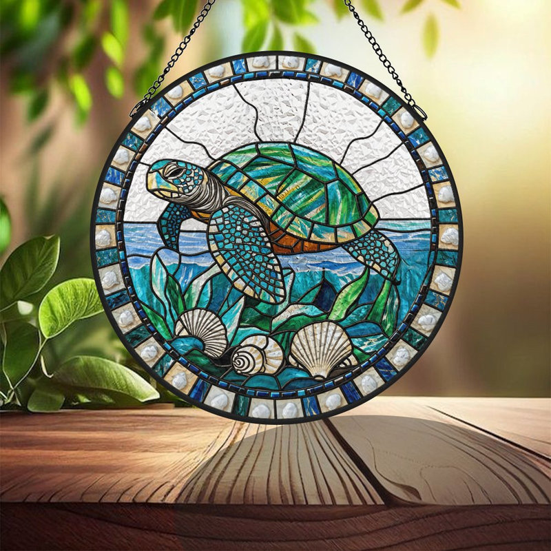 Tortue de mer vitrail panneaux de verre teinté pour décoration de fenêtre, 3,5 x 3,5 po (9 x 9 cm)