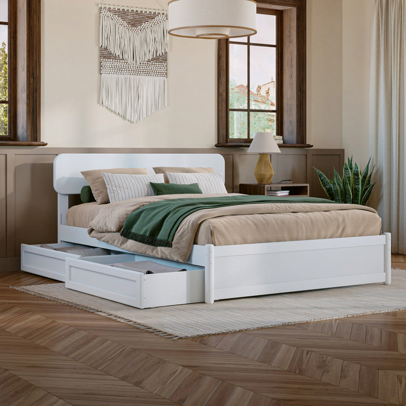 Ause Solid Wood Platform Storage Bed, White, Full
