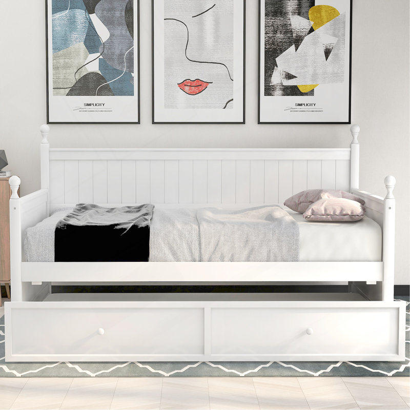Twin Size Wood Daybed With Twin Size Trundle (White)