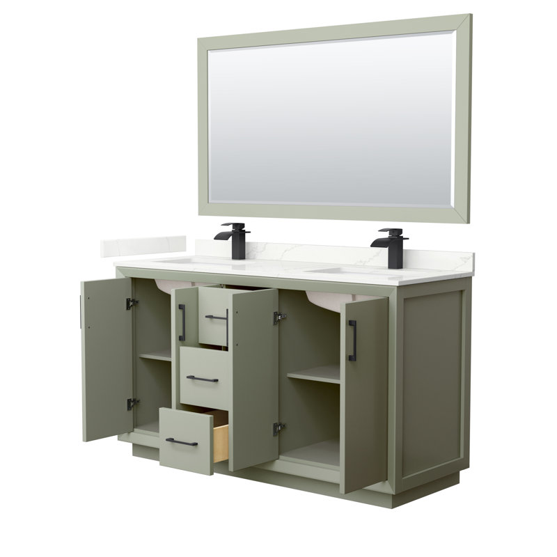 Strada 60'' W Double Vanity, Giotto Quartz, Light Green, Satin Bronze