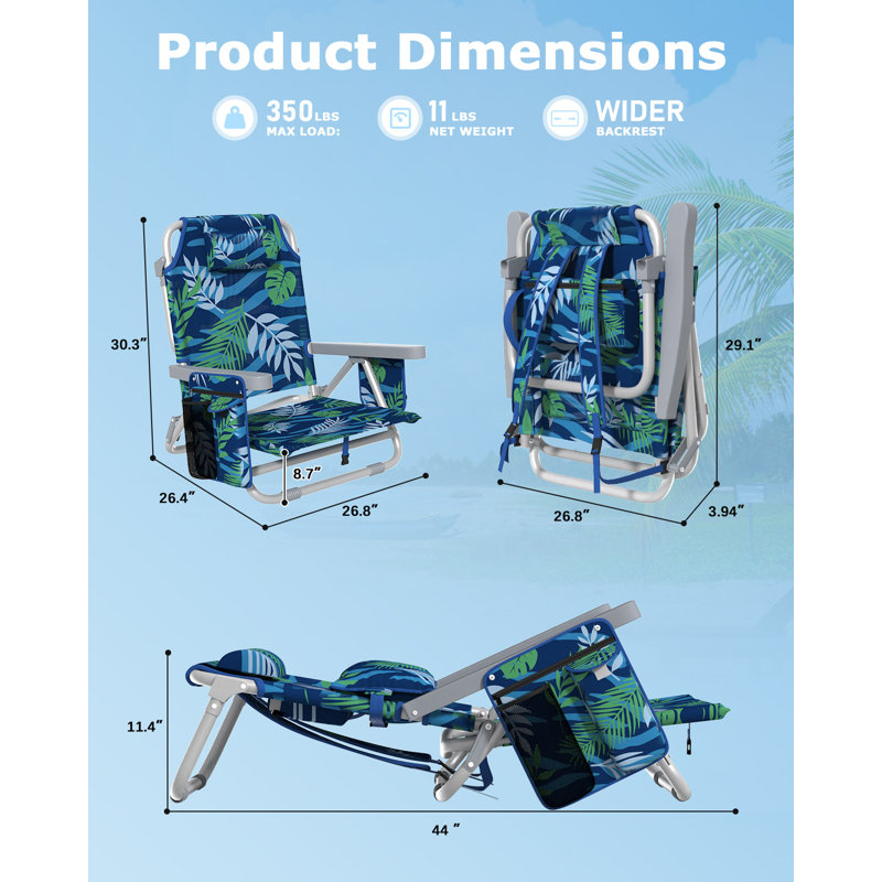 Chaise de plage à dossier inclinable, chaises de plage pliantes portatives avec 5 positions réglables, glacière intégrée et sangles de sac à dos
