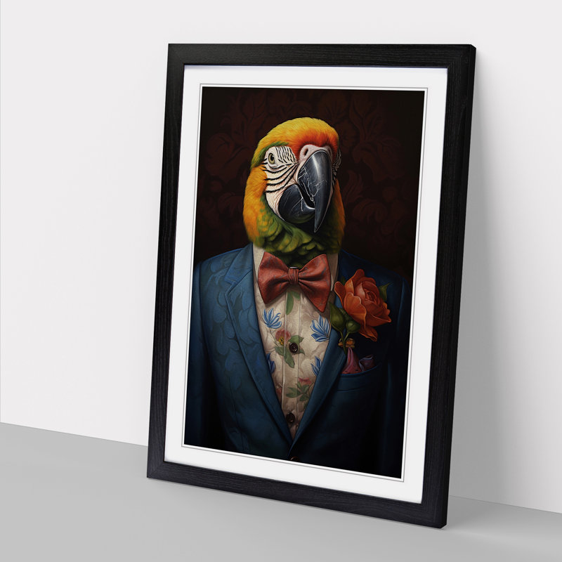 Parrot In A Suit Painting No.2 - Single Picture Frame Print on Wood, Black Framed, 46cm H x 34cm W x 2cm D