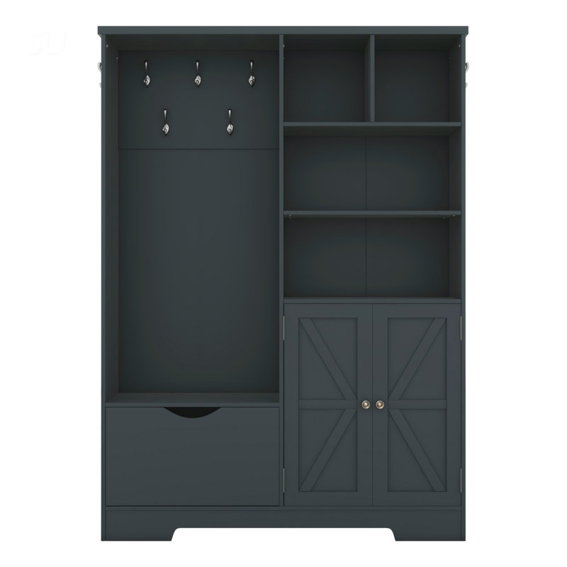 Multi-Functional Hall Tree with Shoe Storage Cabinet, Drawers, Shelves and Bench, Modern Coat Rack with Hooks for Entryway, Hallway, Mudroom, Foyer Organizer