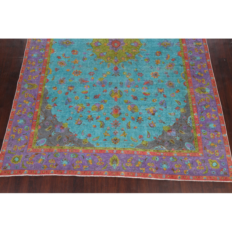 Tapis unique en laine noué à la main bleu / mauve des années 1960