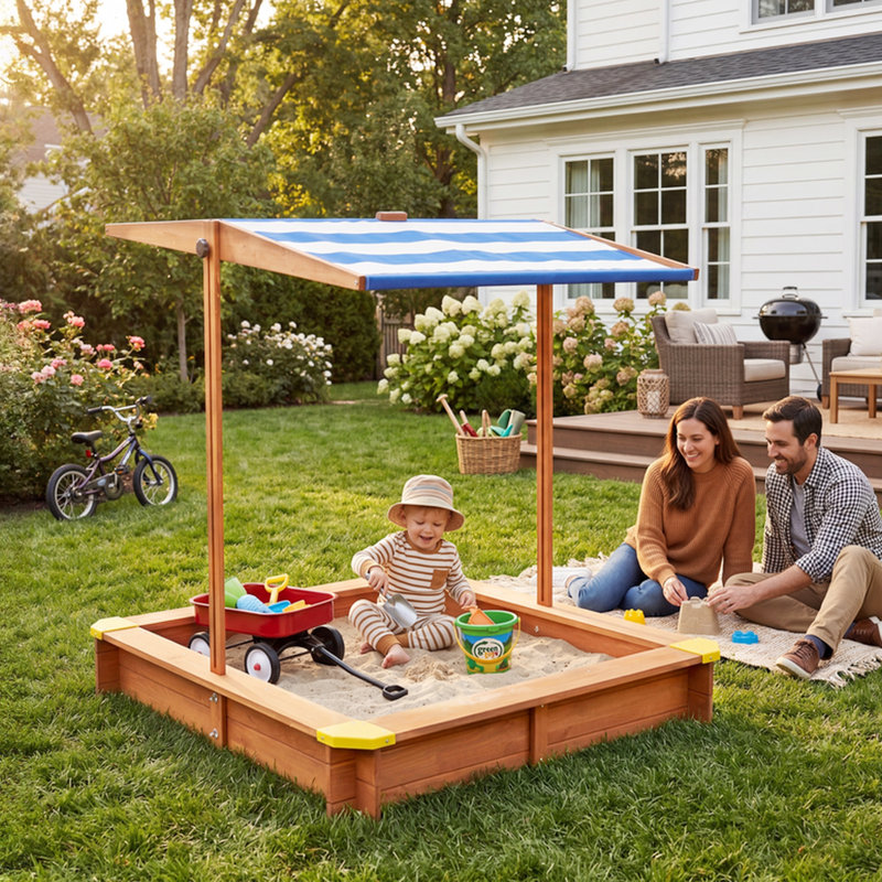 46''x46'' Kids Cedar Wood Sandbox with Adjustable Canopy & Bottom Liner, Wooden Sand Box for Backyard, Patio & Garden