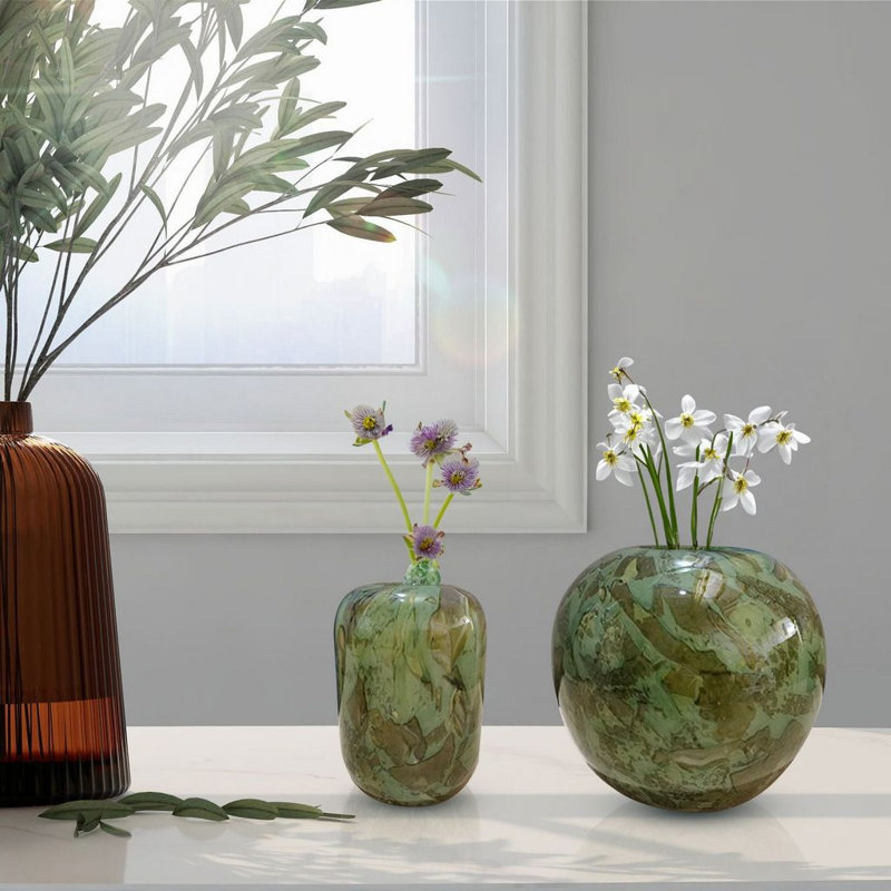 Set of 2 Handblown Glass Table Vases, Sea Green with Light Brown Abstract Design