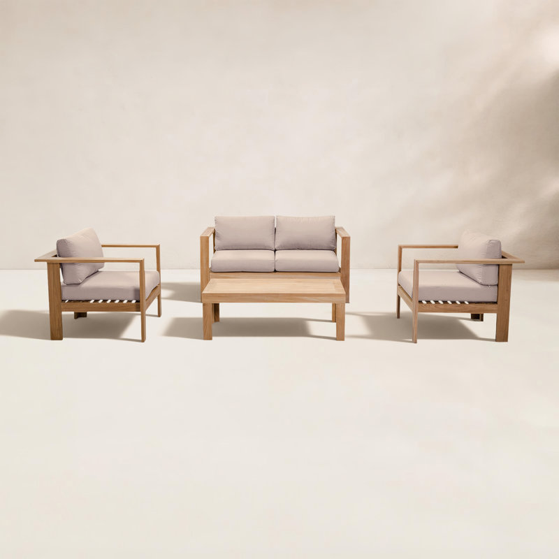 Ando 4 Piece Teak Sofa Seating Group with Sunbrella Cushions, 4Pcs: Table, Loveseat, 2 Chairs