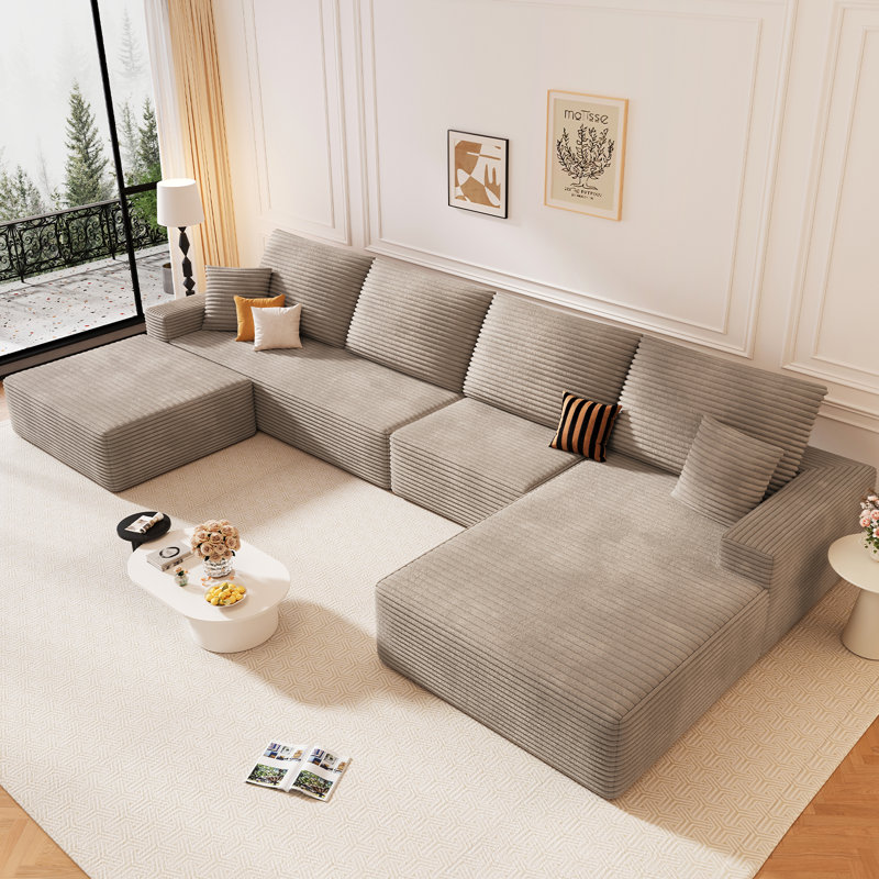 Canapé 135 po en forme de U avec repose-pieds, repose-pieds convertible, canapé-lit modulaire en velours côtelé pour salon, canapés en mousse à siège profond sans assemblage, méridienne orientée vers la gauche / la droite