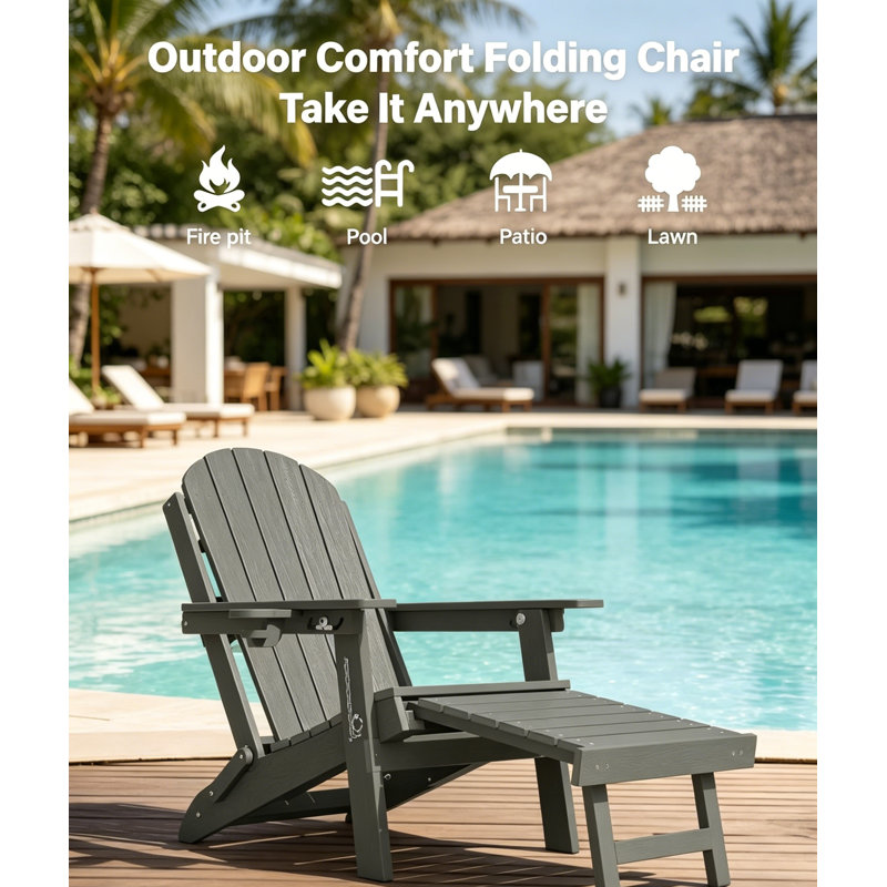 All Weather Outdoor Folding Adirondack Chairs With Ottoman And Adjustable Backrest & 1 Cup Holders, Gray