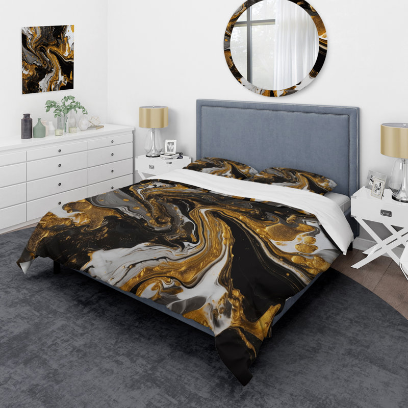 Ensemble de housse de couette en microfibre / polyester doré noir marbré Dreamscape II