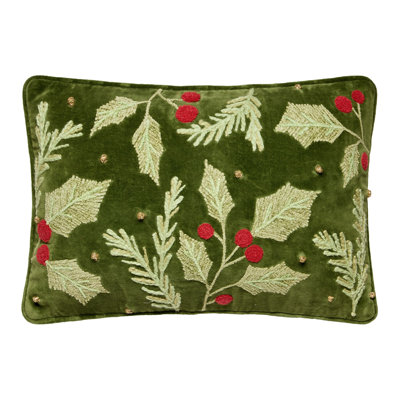 Holly Embroidered Velvet Holiday Pillow