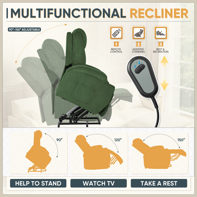 Corduroy Power Massage Recliner With Remote Angle Adjustment, Green