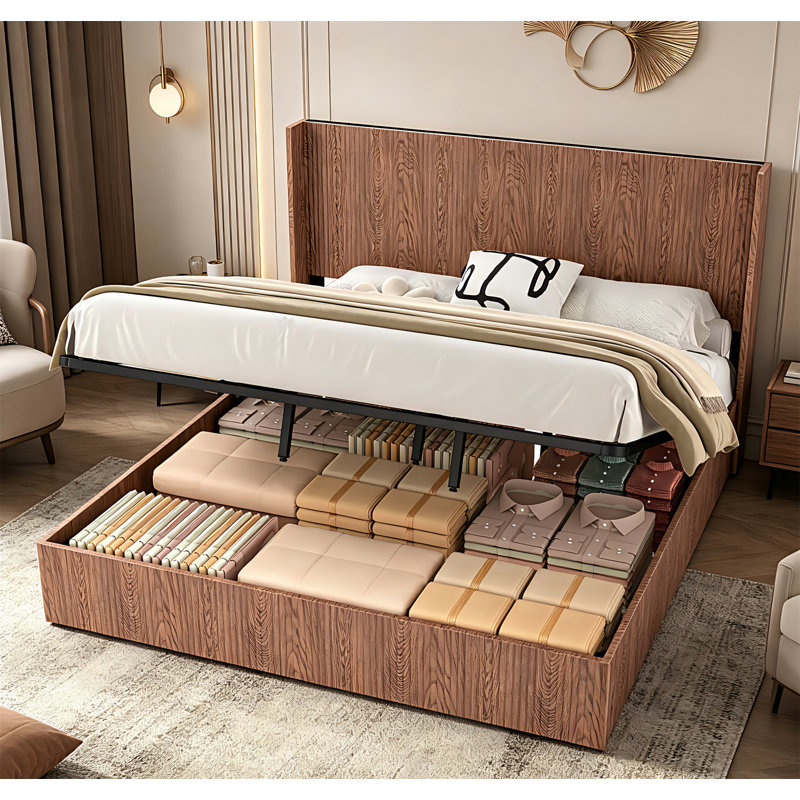 King Lift-Storage Platform Bed With Gas Lift, Wooden Slatted Frame, Rustic Brown Finish, No Box Spring Required, Noise-Free, Natural Wood Texture