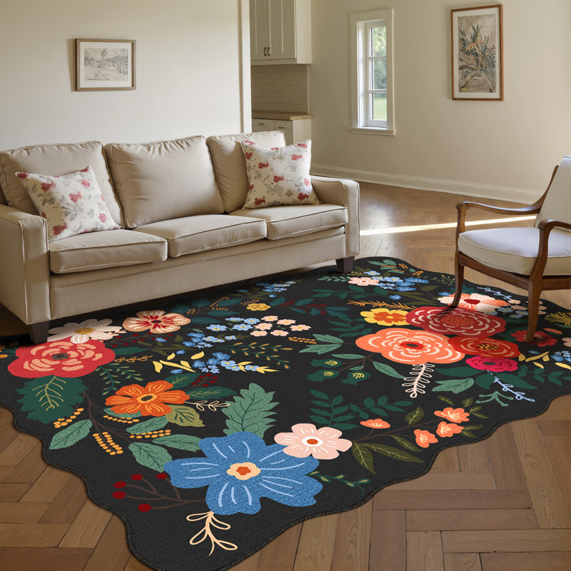  Tapis cerise lavable à la machine à motif floral noir, Rectangulaire 8 pi x 10