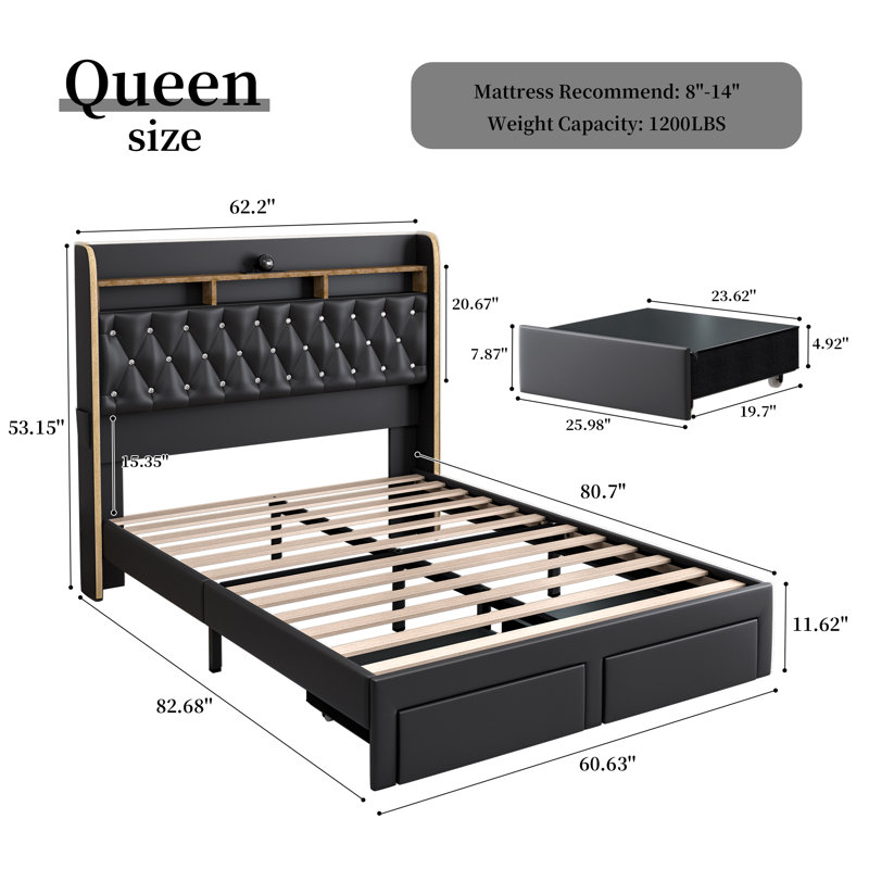 Structure de lit tapissier à oreilles avec haut-parleur USB Galaxy Star, tiroirs et tête de rangement, Queen, Noir