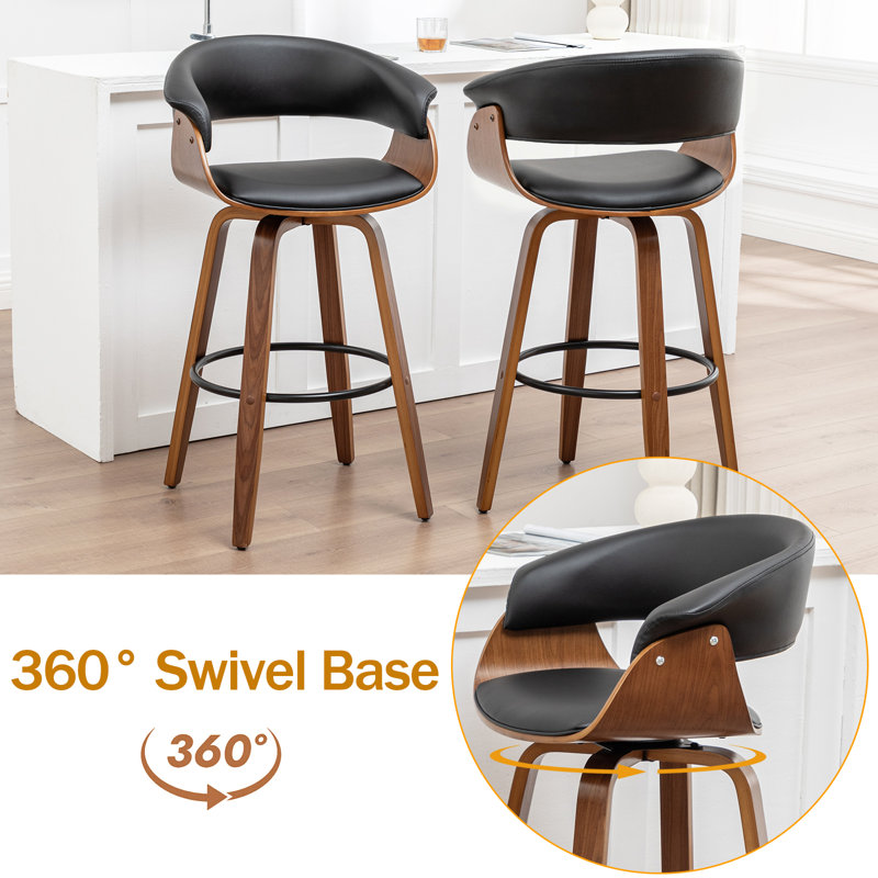 Devlin Faux Leather Upholstered Swivel Mid-Century Stools, Black, Counter Stool (25” Seat Height)