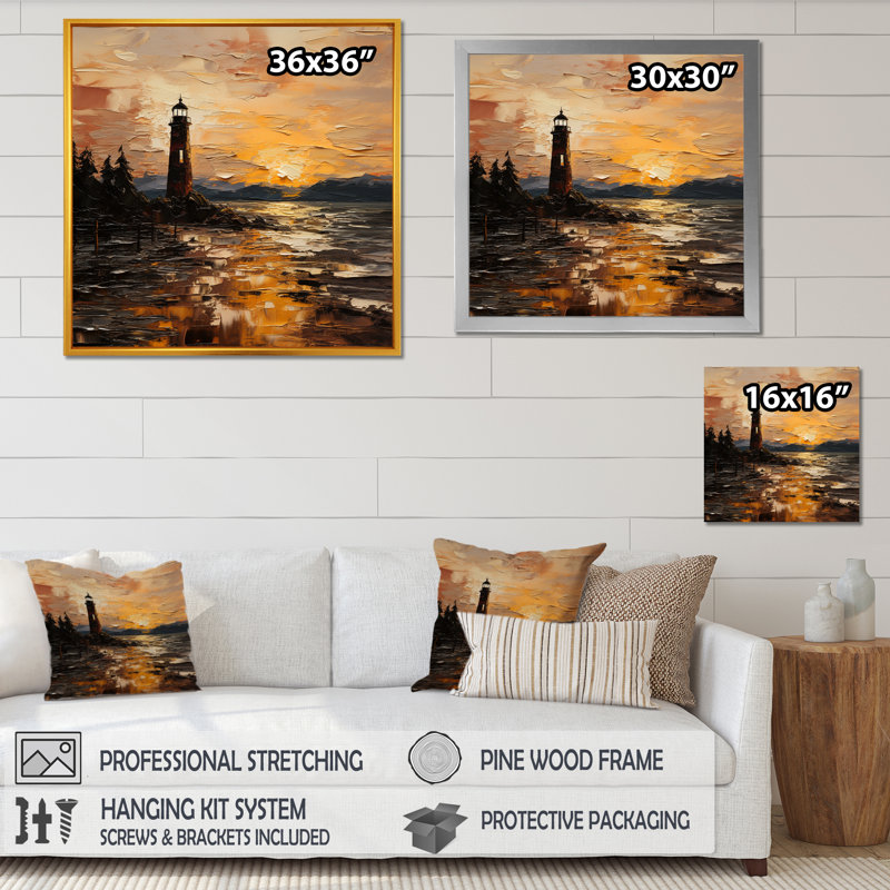 Phare au coucher du soleil, balise II - art mural Coastal Sunset, H 36 po x l 36 po x P 1,5 po, Cadre flottant doré
