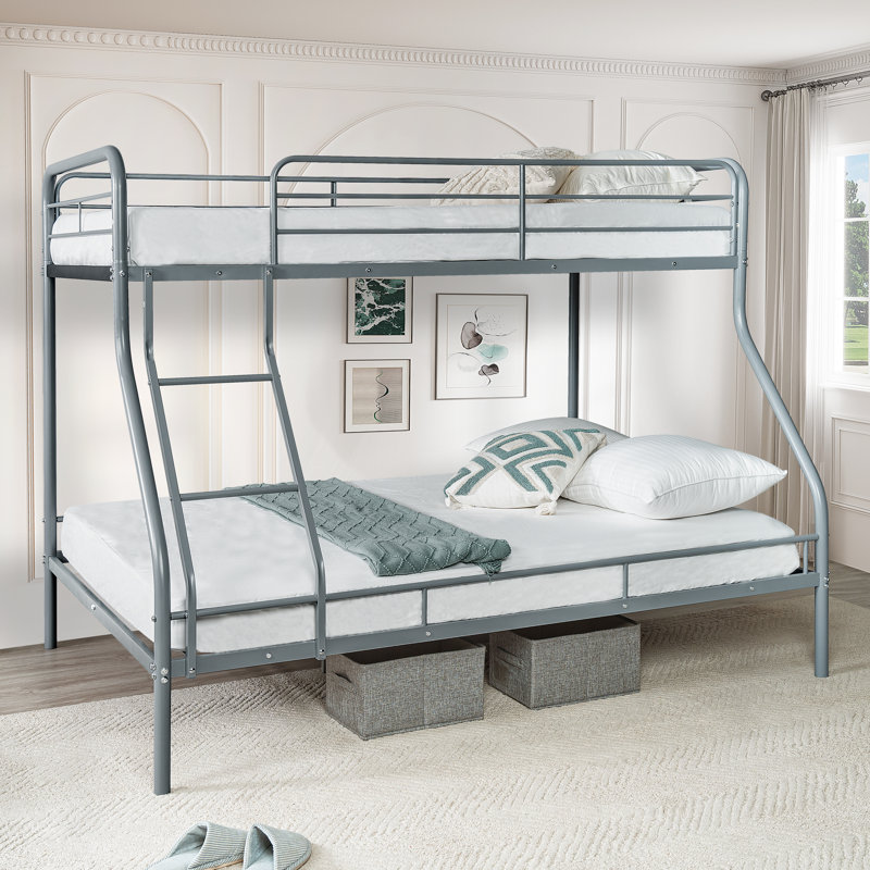  Twin Over Full Size Metal Bunk Bed with Ladder and Safety Guardrails, Heavy Duty for Kids & Teens, 300 lbs Capacity, Gray