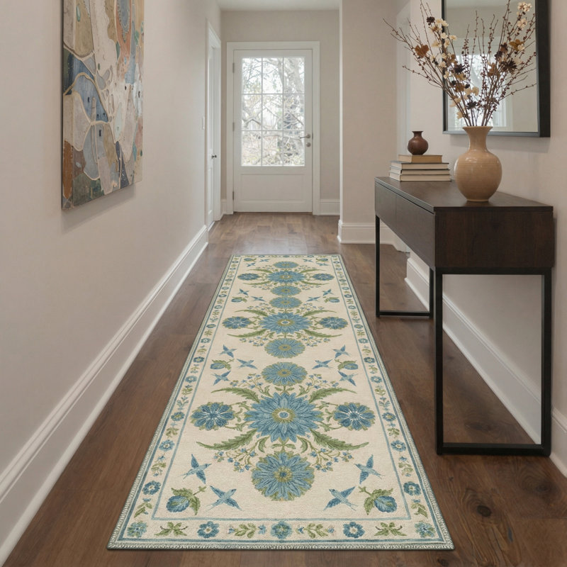 Aura Floral Machine Washable Blue / Beige / Green Indoor Area Rug with Non-Slip Backing, Runner 2'3" x 6'