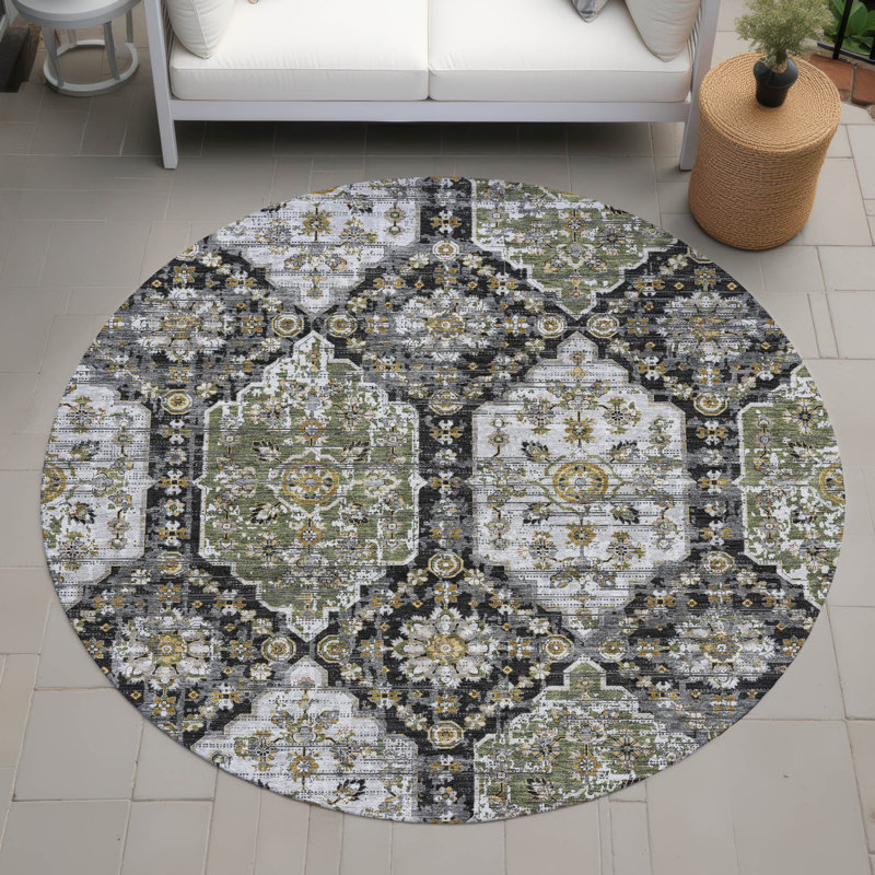 Machine Washable Indoor/Outdoor Chantille ACN2643 Damask Rug, 8' Round, Black