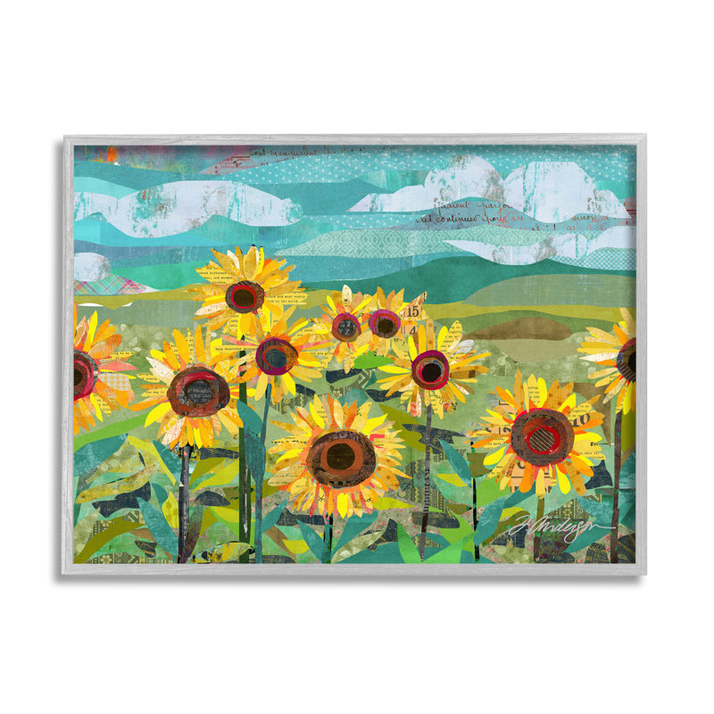 «Collage Sunflower Field Abstract Layered Ephemera Meadow» par Traci Anderson - cadre flottant, impression sur toile