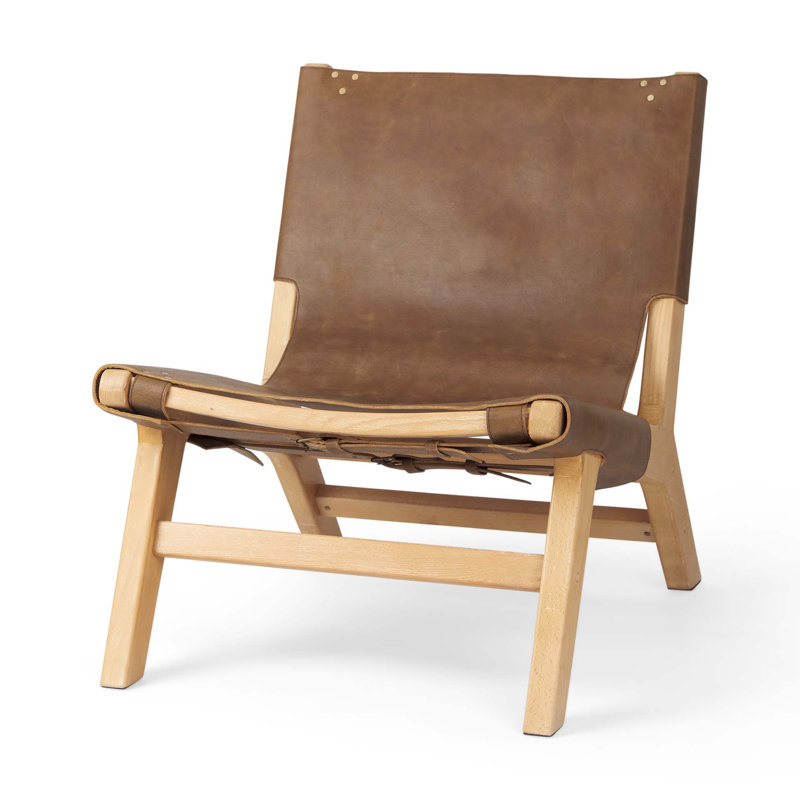 Fauteuil de chambre 32 po en cuir véritable brun et naturel et bois massif