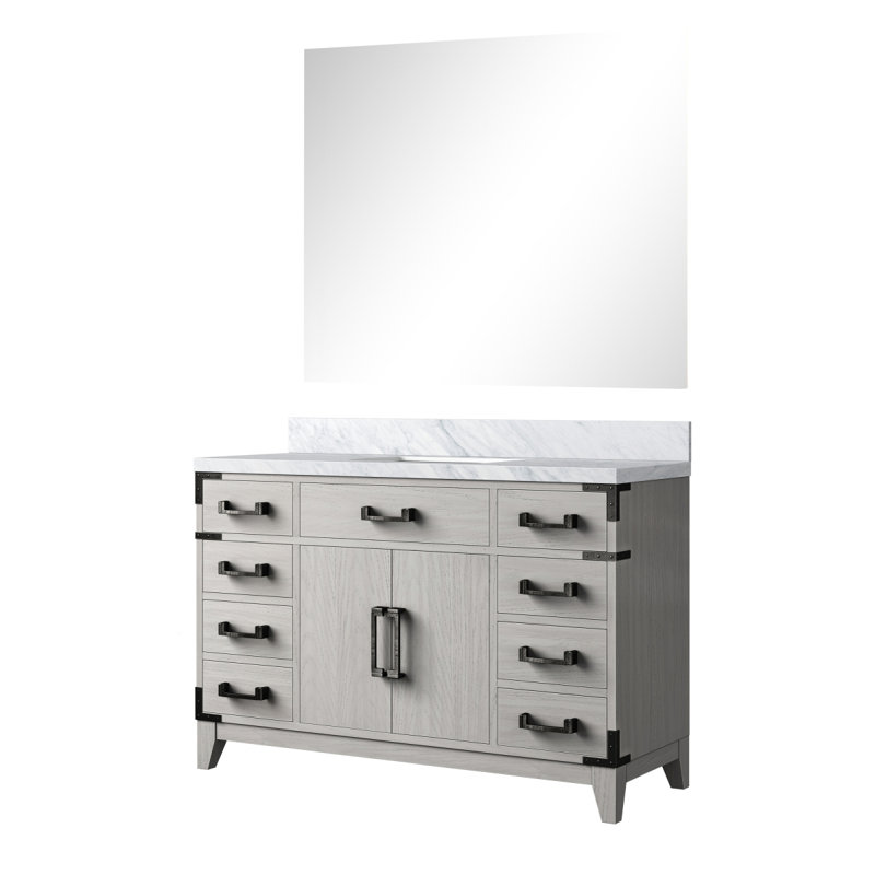 Meuble-lavabo simple en chêne blanc l 48 po x P 22 po, comptoir en marbre de Carrare et miroir de 46 po