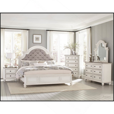 Mobilier de chambre à coucher traditionnel à finition antique blanc et brun gris avec 6 tiroirs et boutons noirs