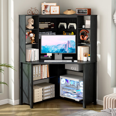 35"× 35" - Pentagonal Corner Computer Desk With Power Outlets, Adjustable Led Lighting, Perforated Back Panel Design