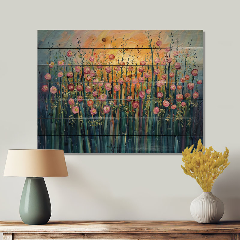 Coucher de soleil fleurs sauvages dans la nature IV - Décoration murale en bois de bambou - sur bois de pin naturel