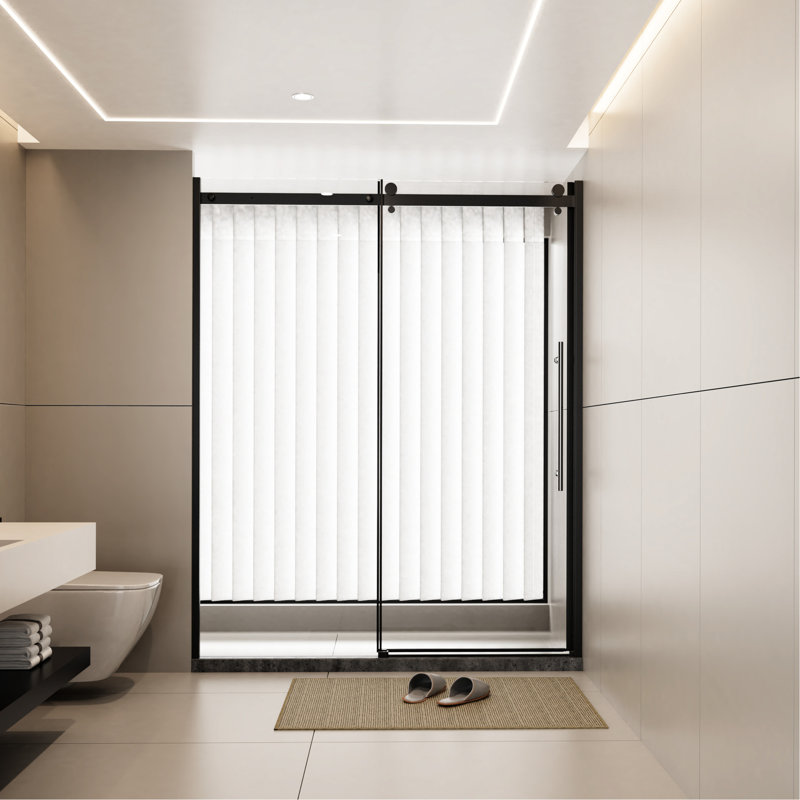 60.in W X 72.in H Single Sliding Shower Door, 1/4 Inch Thick Tempered Glass, Stainless Steel Handle, Zinc Rollers, Attractive Style, Matt Black Alloy Modern Flair,