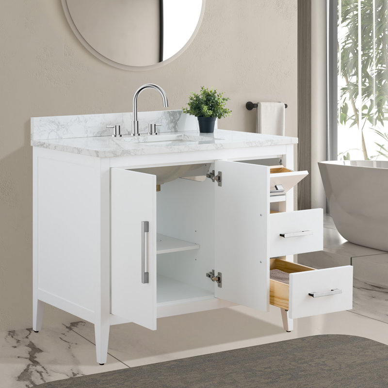 Ensemble de meuble-lavabo simple 42 po avec plateau en marbre Chambery, Nickel brossé, Blanc