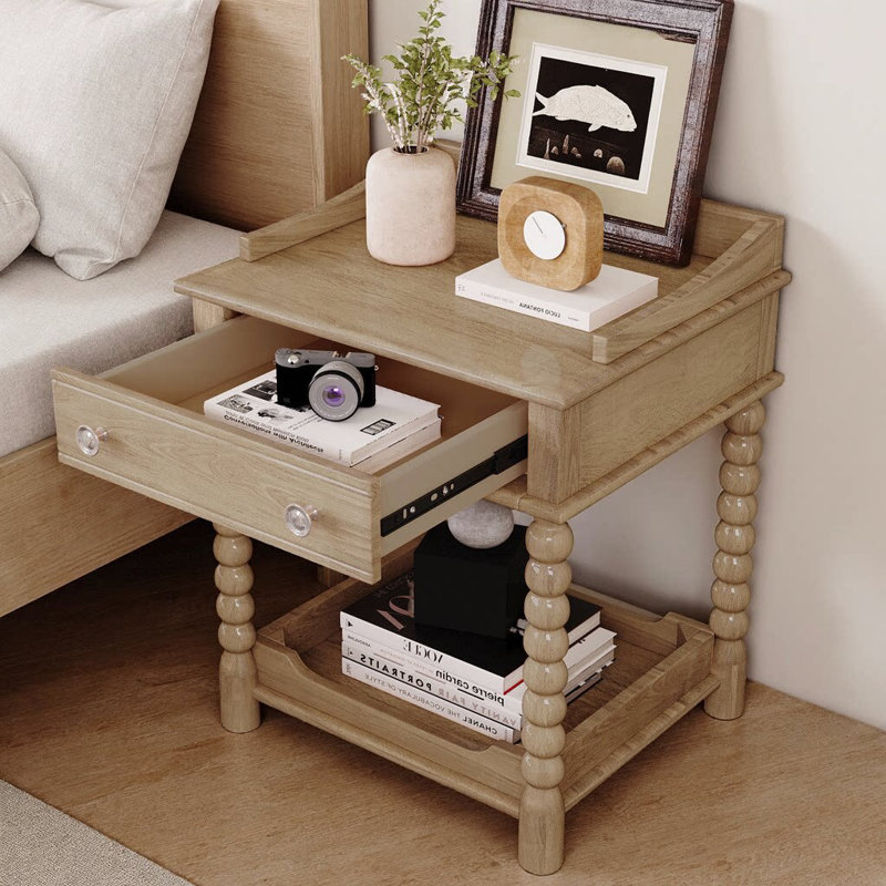 Table de chevet de style rétro avec tiroir et tablette ouverte pour la chambre à coucher (table de chevet seulement), Naturel