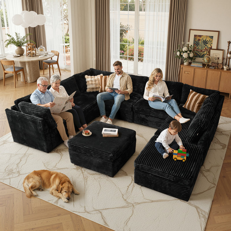 9-piece Modular U-shaped Sectional Plush Corduroy Sofa With Movable Ottoman, Black Plush Corduroy