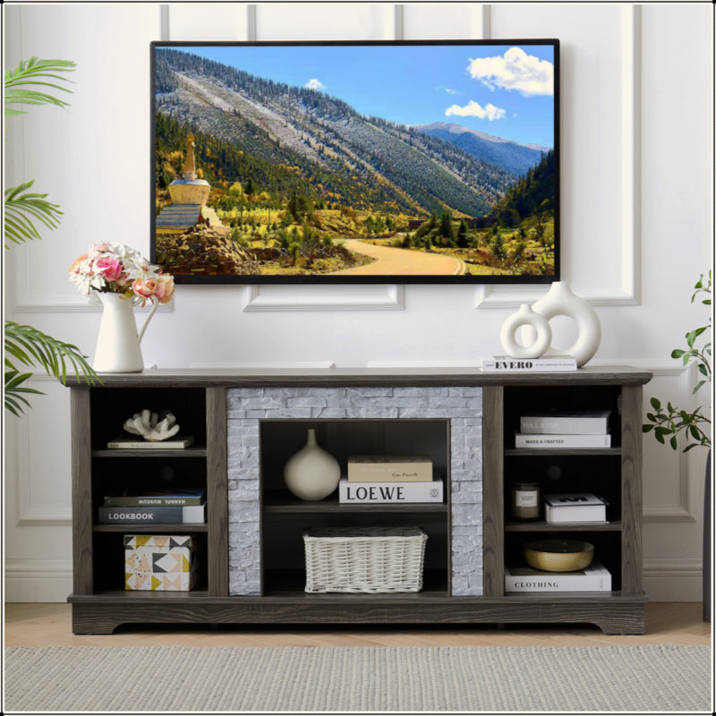 Mantel Stone TV Media Stand With With Faux Stacked Stone Surround, Modern Entertainment Console With Open Storage Space,Grey, 58.31"W*15.39"D*26.06"H